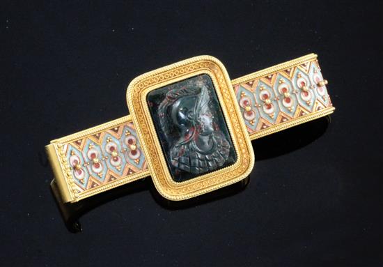 A Victorian gold, polychrome enamel and bloodstone cameo bar brooch, in the manner of Giuliano, approx. 2.5in.